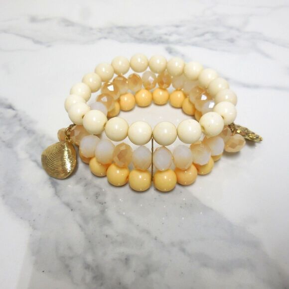 Beaded Layered Beach Style Bracelet | 3-String Ocean Charm Shell & Fish Accents - Picture 3 of 4